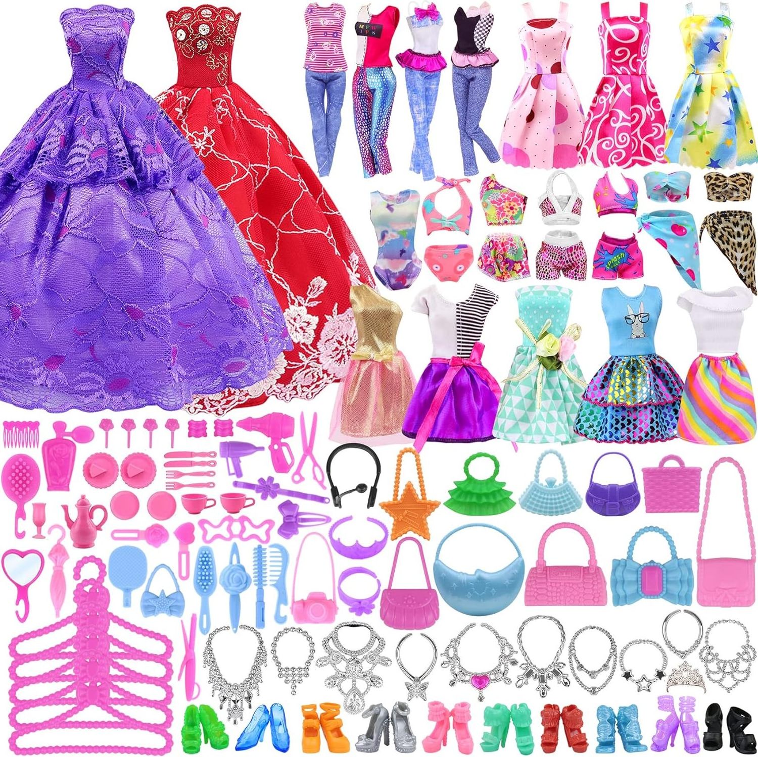 120 Pcs Fashion Doll Closet Wardrobe for Doll Clothes and Accessories Storage Include Clothes Dresses Shoes Shoes Rack Bags Neck