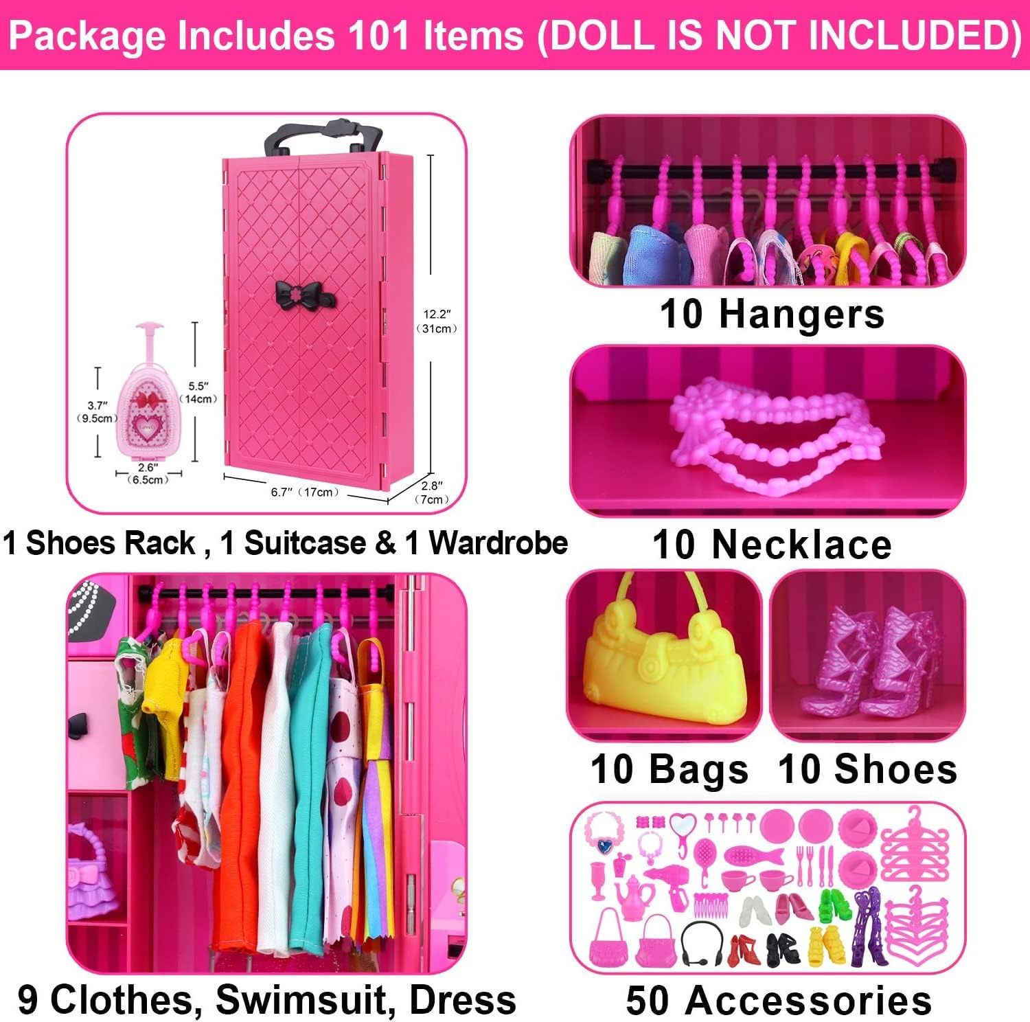 101 Pcs 11.5 Inch Doll Closet Wardrobe with Clothes Dresses Shoes and Other Accessories for 11.5 Inch Girl Doll Stuff Kids Girl