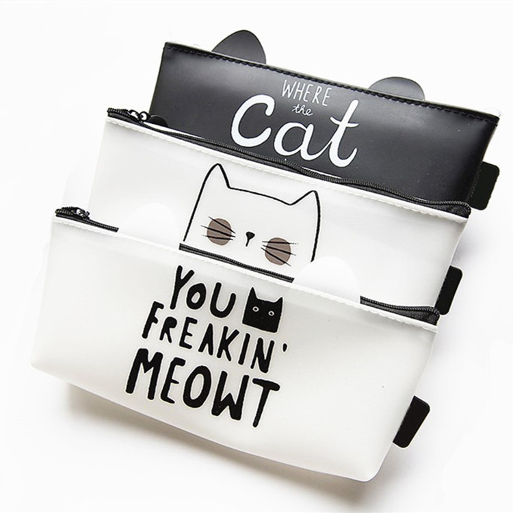 4pcs/set Cute Cat Pen Bag Silicon Pencil Bag School Stationary Makeup Pouch Cosmetics Pencil Case