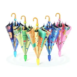 School Pongee Semi-automatic windproof travel Straight stick kids Umbrella with Anti-drip Plastic cover for Children