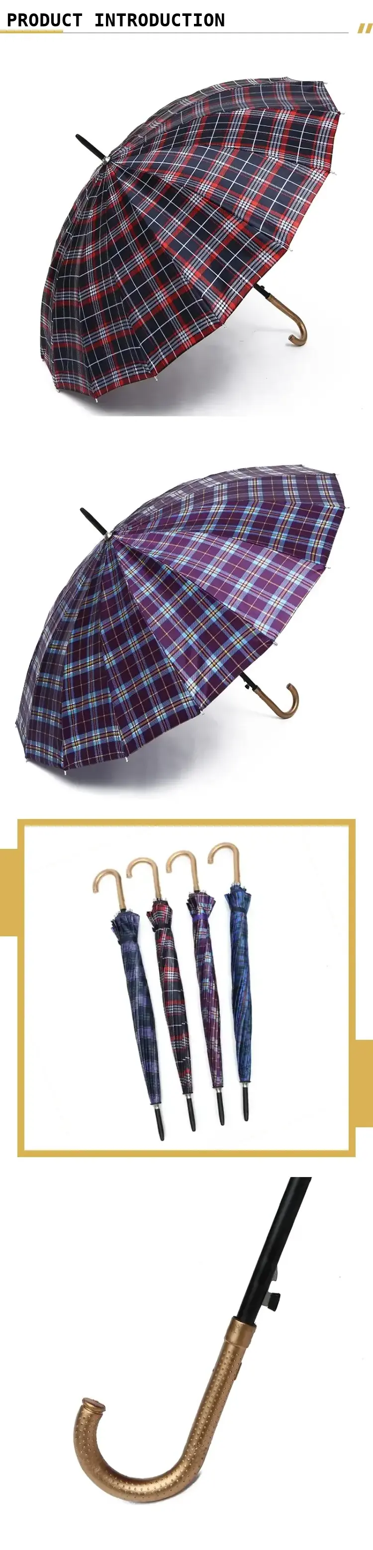 22 Inch 16k Wholesale Retro Plaid Large Fiberglass Golf Umbrella Shaft Windproof Waterproof Automatic Umbrellas