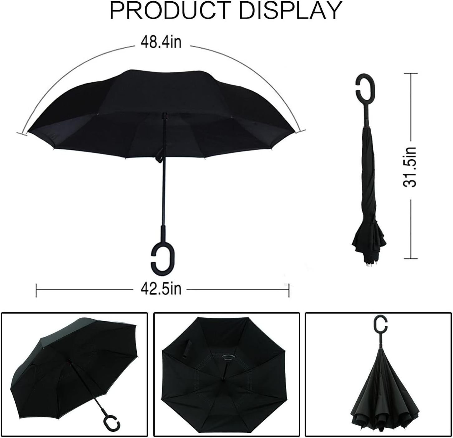 48 inch C-shaped handle Fiber Frame Pongee Fabric reverse double layer inverted Reverse Upside Down Stick Rain umbrella