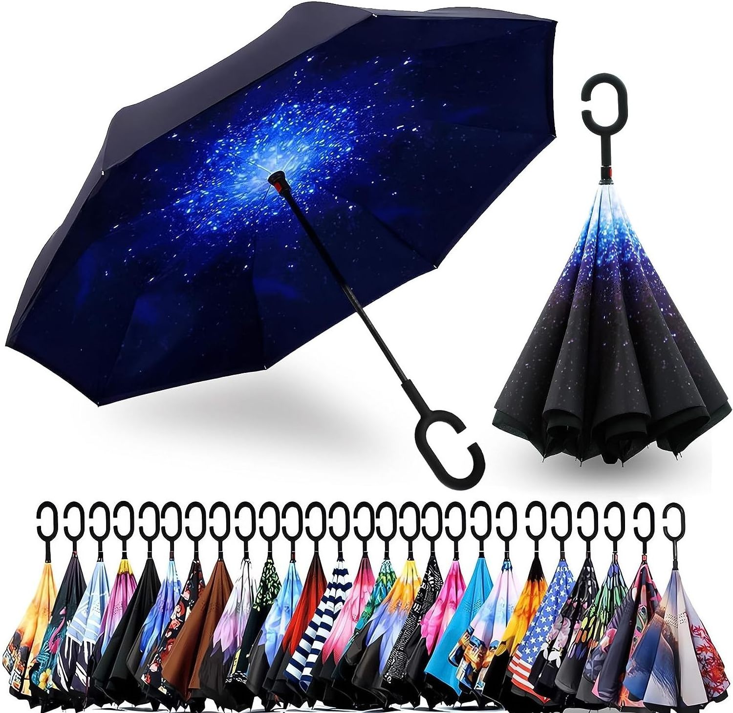 48 inch C-shaped handle Fiber Frame Pongee Fabric reverse double layer inverted Reverse Upside Down Stick Rain umbrella