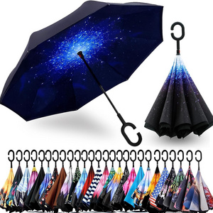 48 inch C-shaped handle Fiber Frame Pongee Fabric reverse double layer inverted Reverse Upside Down Stick Rain umbrella