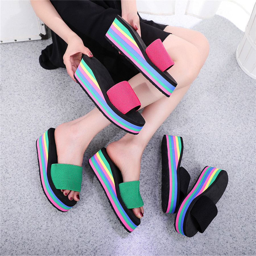 Hot sales Summer Rainbow One word Drag Thick Bottom High Heels for Home Use Leisure beach sandals Thick sole high heel cool mop