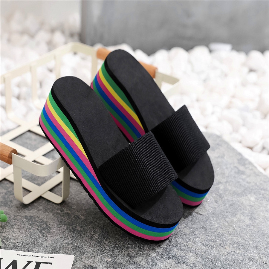 Hot sales Summer Rainbow One word Drag Thick Bottom High Heels for Home Use Leisure beach sandals Thick sole high heel cool mop