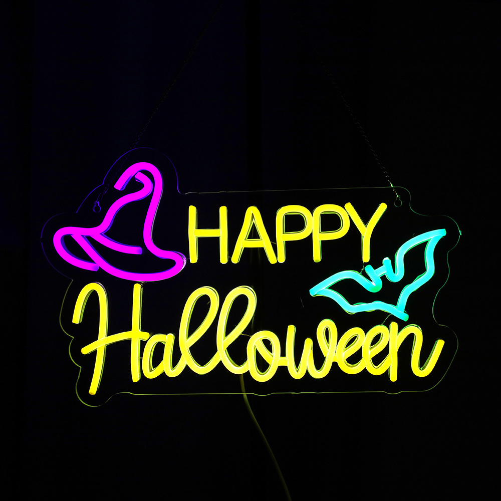 Neon lights in the Happy Halloween style, featuring a wizard hat and a little bat