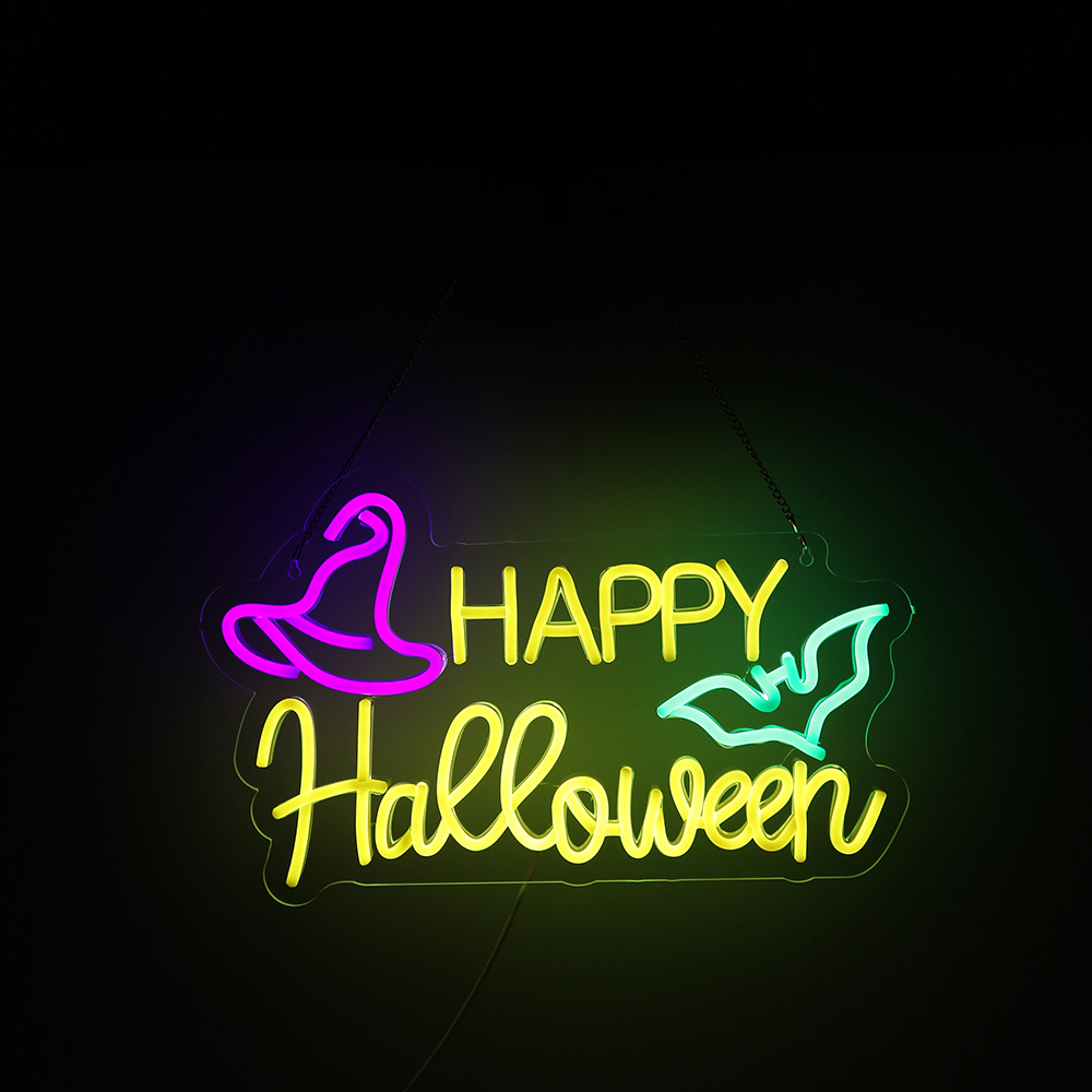 Neon lights in the Happy Halloween style, featuring a wizard hat and a little bat