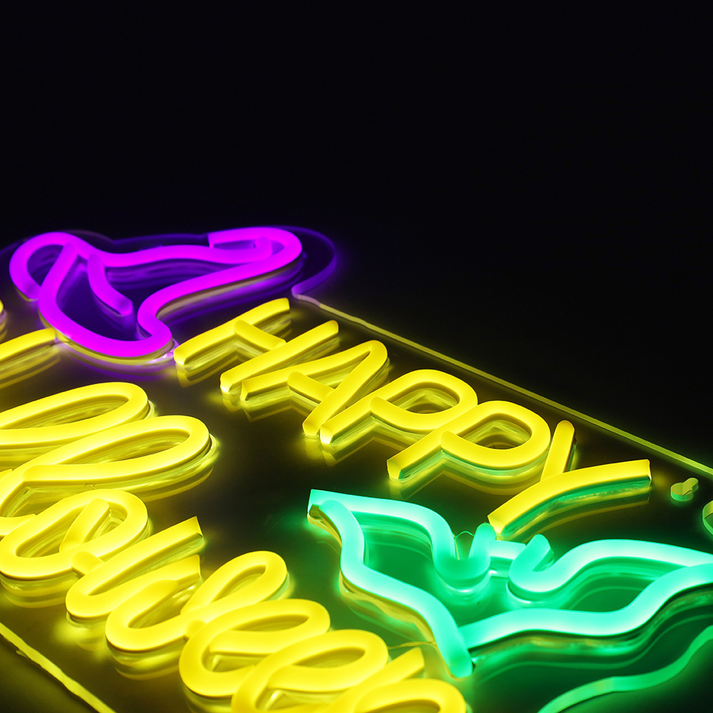 Neon lights in the Happy Halloween style, featuring a wizard hat and a little bat