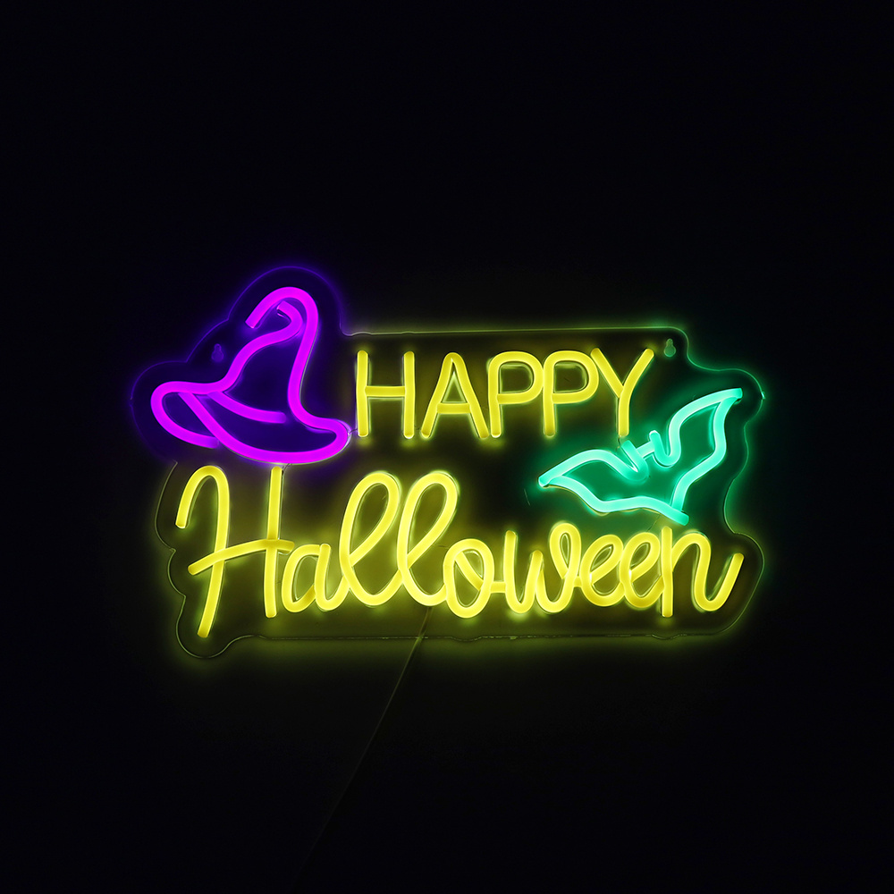 Neon lights in the Happy Halloween style, featuring a wizard hat and a little bat