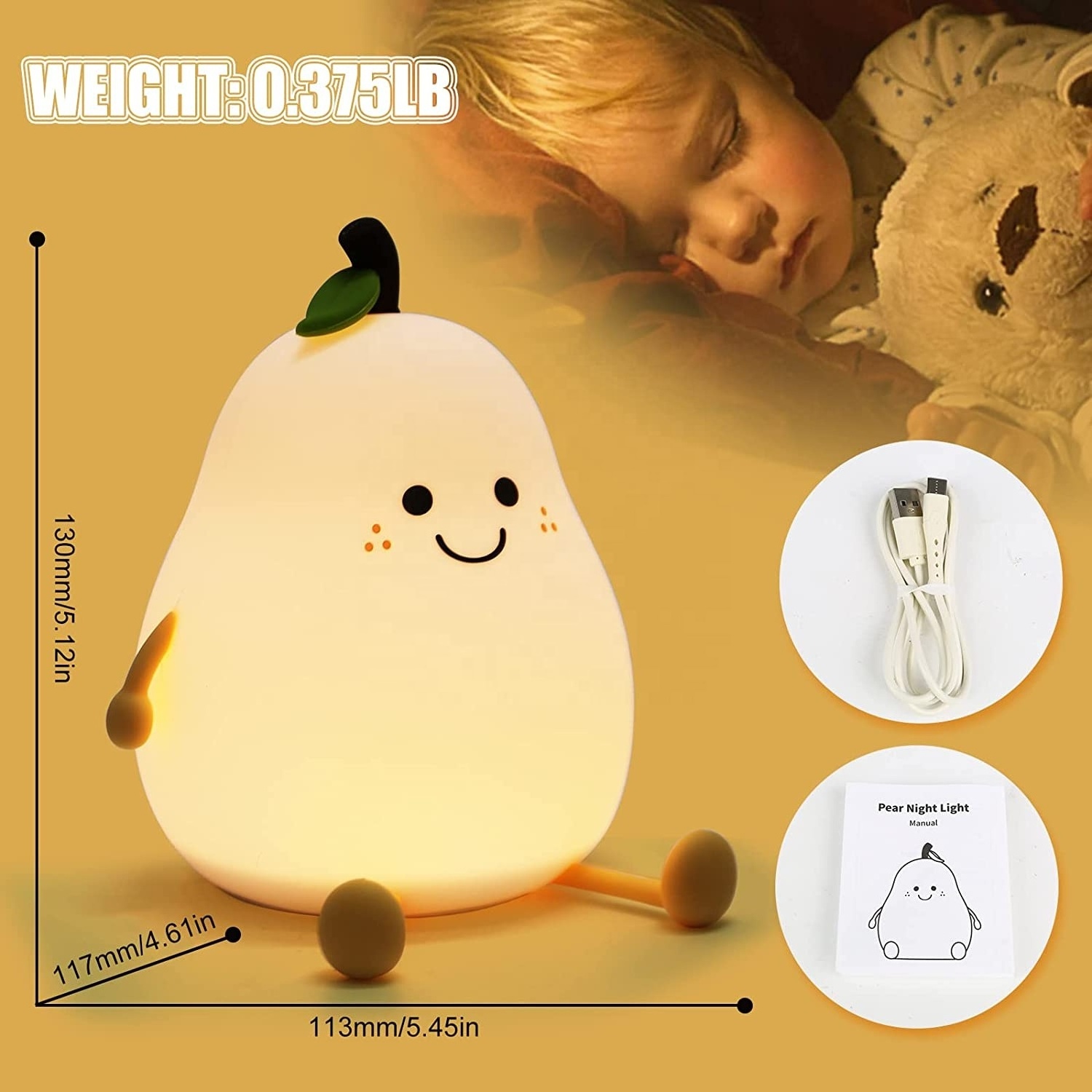 Children's Rooms Babies Bedside Lamp Cute LED Pear-Shaped Fruit Night Light Colorful Light Touch LED Silicone Lamp