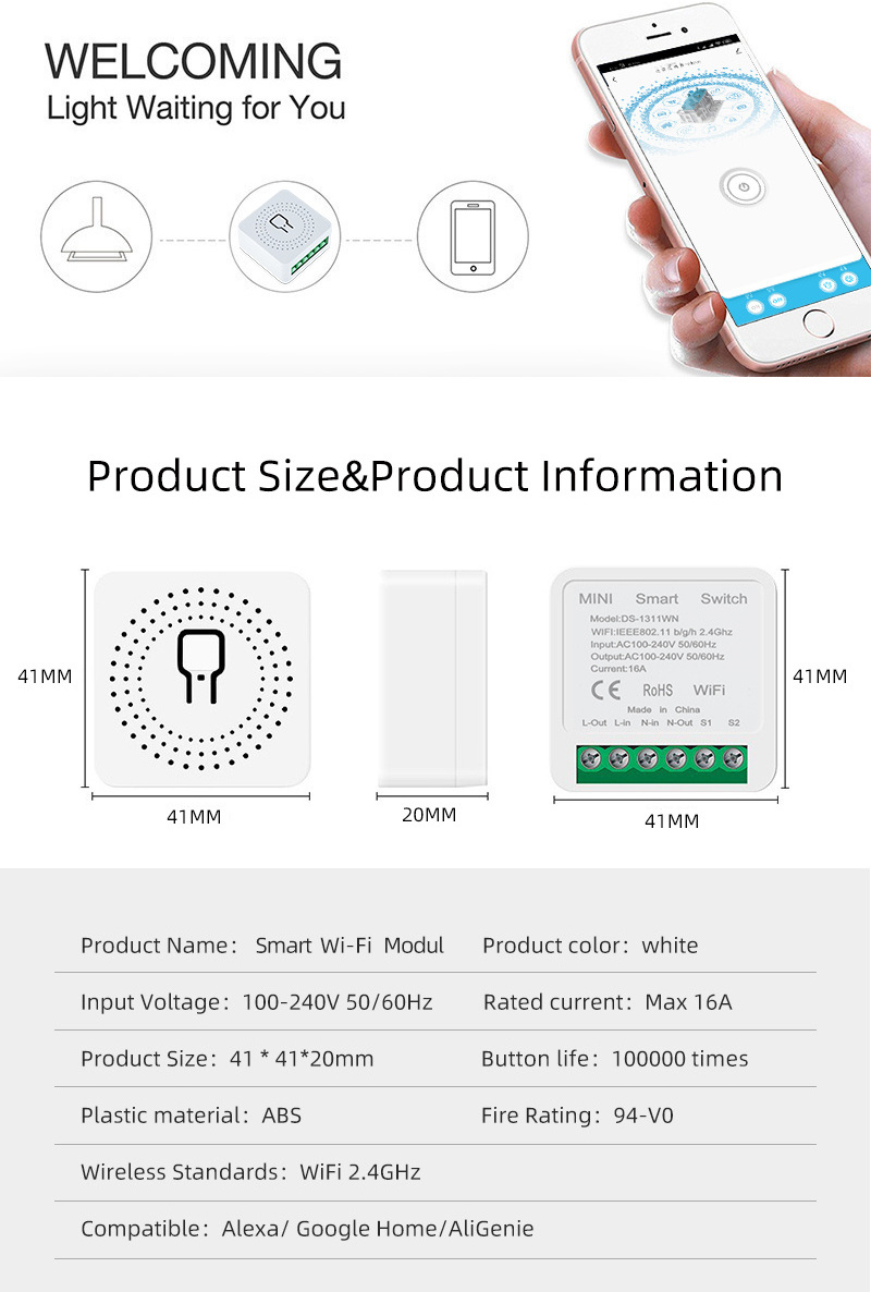 XZJ  1 Way DIY Smart Home Relay Breaker Light 16A Module WiFi Tuya Mini Smart Switch