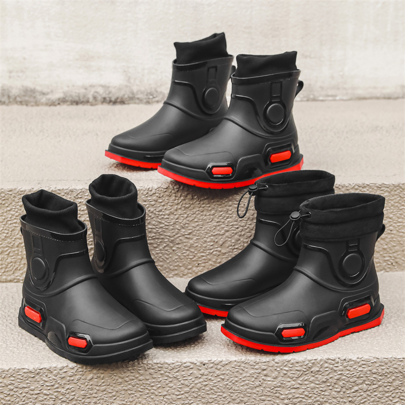 Men's rubber boots non-slip waterproof fashion rain boots short rain shoes fleece-lined warm rubber shoes drawstring rain boots