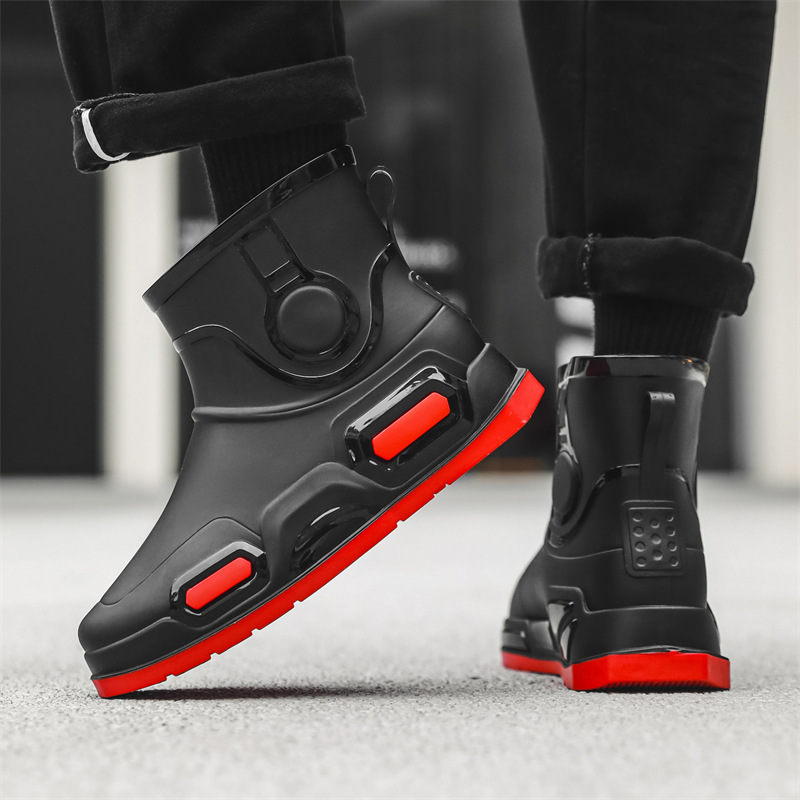 Men's rubber boots non-slip waterproof fashion rain boots short rain shoes fleece-lined warm rubber shoes drawstring rain boots