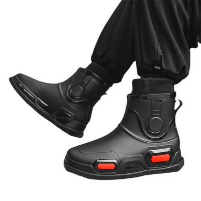 Men's rubber boots non-slip waterproof fashion rain boots short rain shoes fleece-lined warm rubber shoes drawstring rain boots