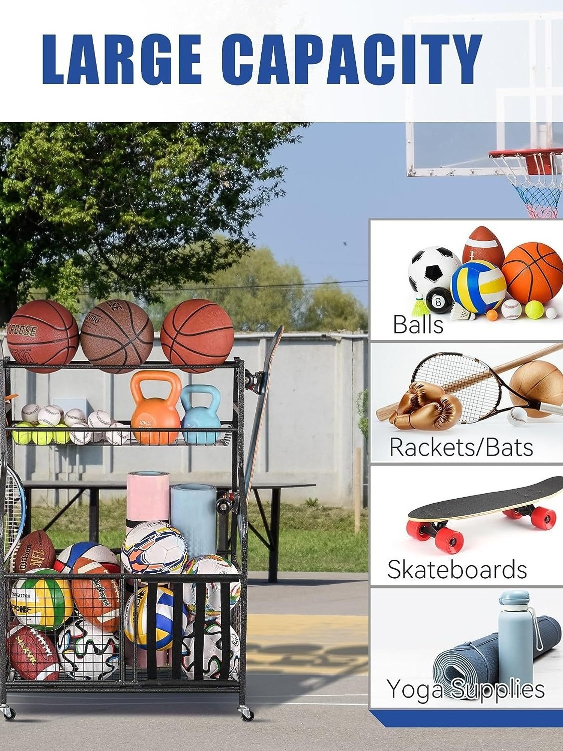 Rolling Ball Cart for Sports and Fitness Equipment Sports Ball Storage Sports Equipment Organizer