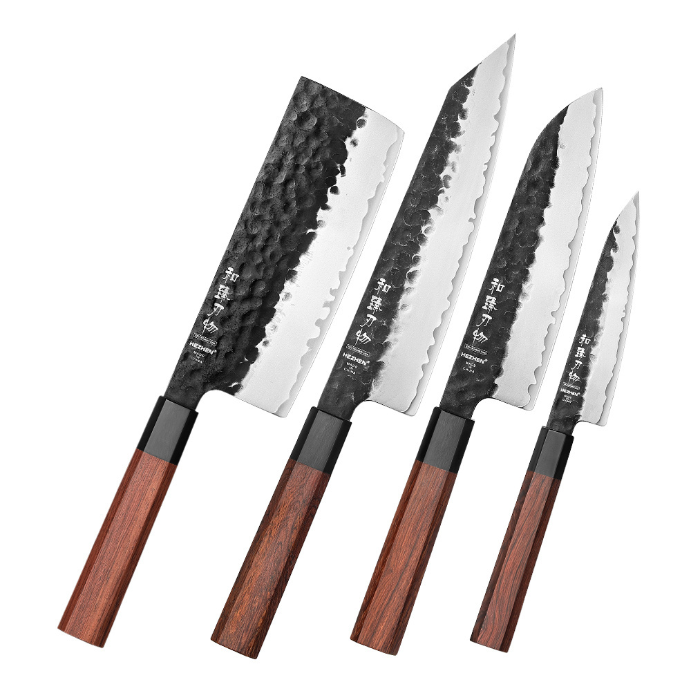 New 4 Pcs Kitchen Chef Knife Set 10cr Core Stainless Steel Natural Red Wood Buffalo Horn Handle Gift