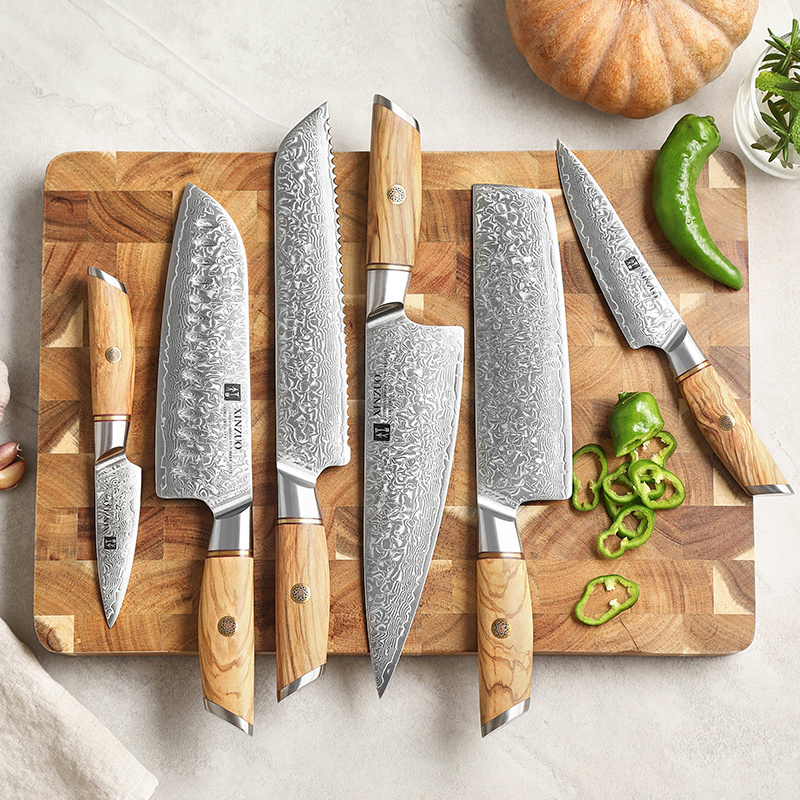 XINZUO New Design Hot Sale 6PCS Japanese Powder Damascus Steel 73 Layers Sharp Kitchen Knife Set with Olive Wood Handle