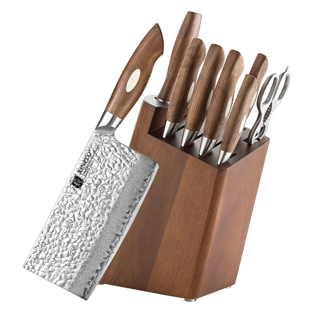 XINZUO New 8 Pcs Razor Sharp 67 Layers AUS10 Damascus Steel Walnut Wood Chinese Style Kitchen Chef Knife Set with Wooden Holder