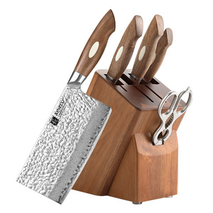 NEW 6 Pcs 67 Layers AUS10 Damascus Steel Walnut Wood Handle Super Sharp Kitchen Chef Knife Set with Wooden Block Scissors