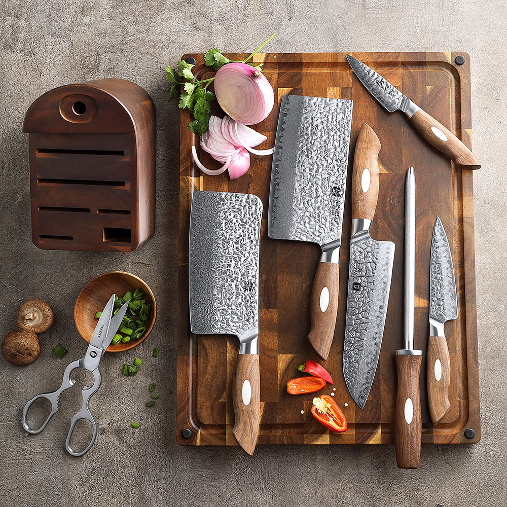 XINZUO New 8 Pcs Razor Sharp 67 Layers AUS10 Damascus Steel Walnut Wood Chinese Style Kitchen Chef Knife Set with Wooden Holder