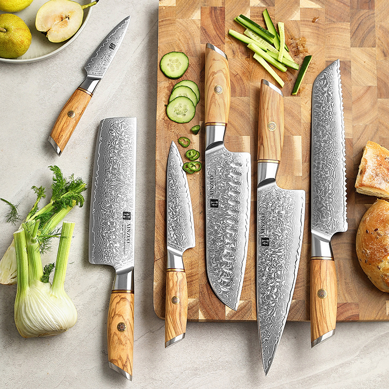 XINZUO New Design Hot Sale 6PCS Japanese Powder Damascus Steel 73 Layers Sharp Kitchen Knife Set with Olive Wood Handle