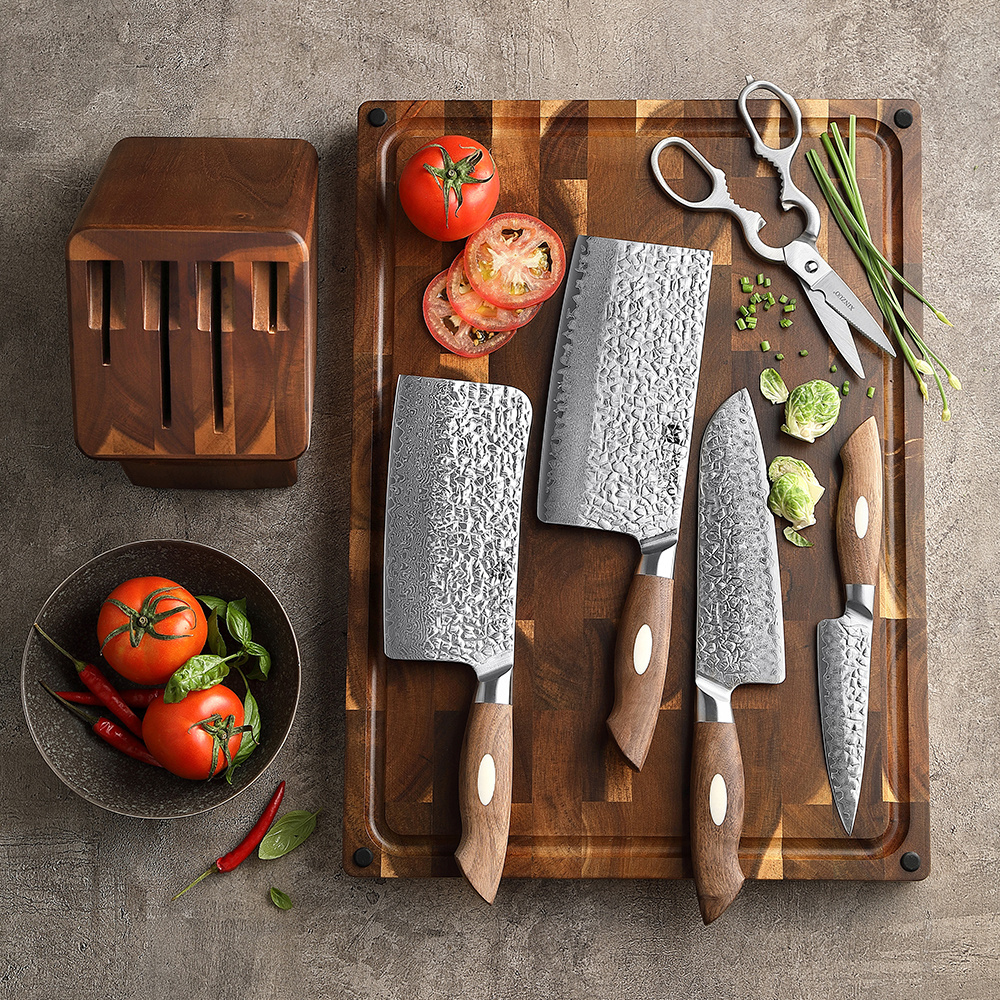 NEW 6 Pcs 67 Layers AUS10 Damascus Steel Walnut Wood Handle Super Sharp Kitchen Chef Knife Set with Wooden Block Scissors