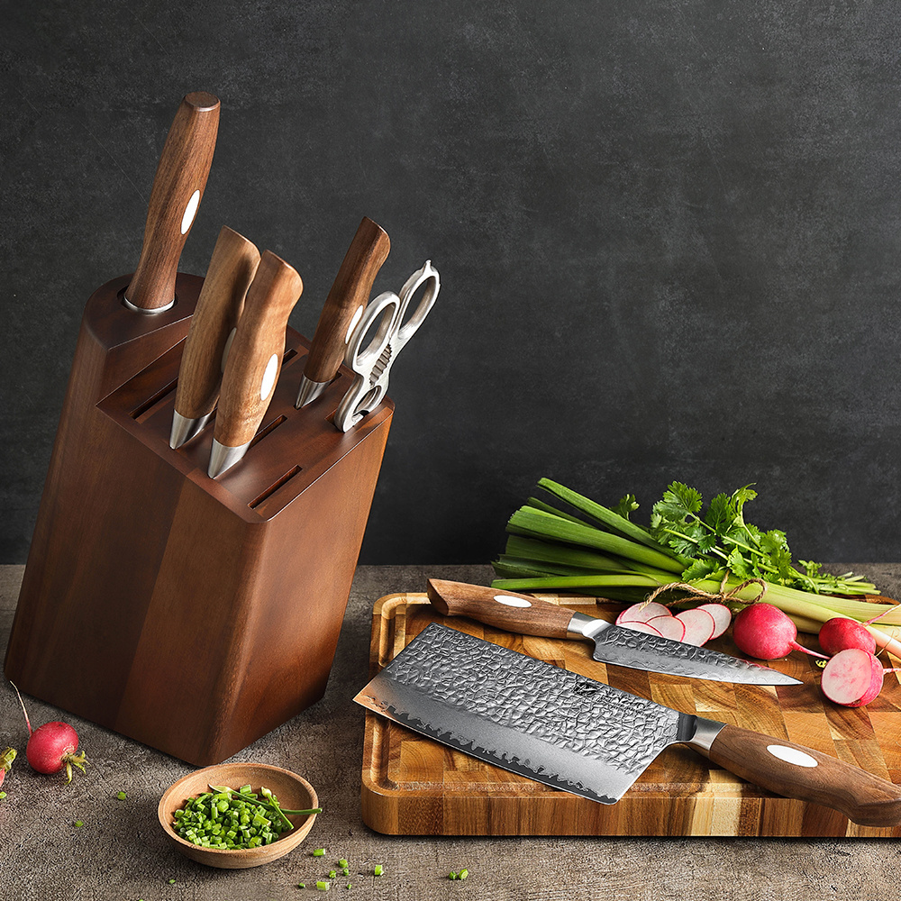 XINZUO New 8 Pcs Razor Sharp 67 Layers AUS10 Damascus Steel Walnut Wood Chinese Style Kitchen Chef Knife Set with Wooden Holder