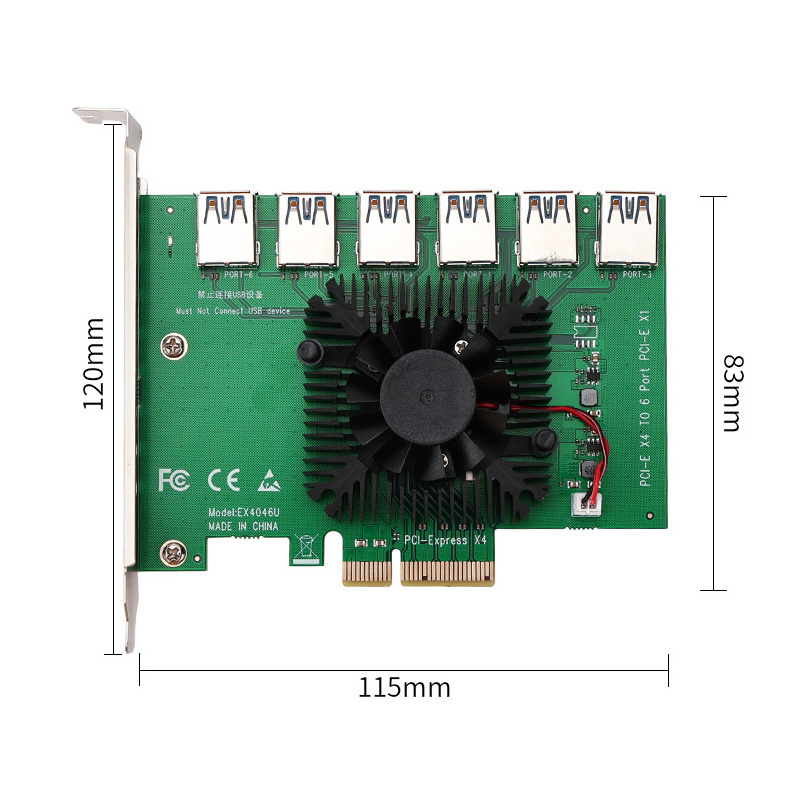 PCIE x4 1 to 6 USB graphics card adapter board Video card extension cable External graphics card with fan