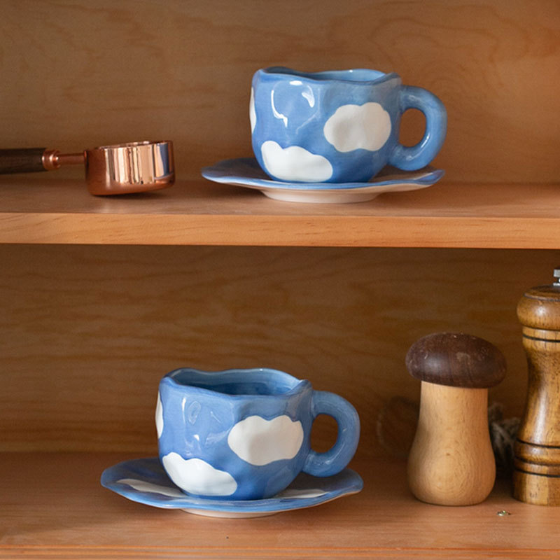 Hand Painted The Blue Sky and White Clouds Coffee Cup With Saucer Ceramic Handmade Tea Cup Saucer Set Cute Gift For Her