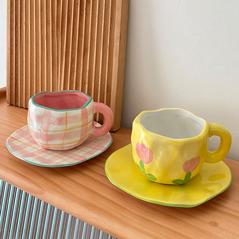 Hand Painted The Blue Sky and White Clouds Coffee Cup With Saucer Ceramic Handmade Tea Cup Saucer Set Cute Gift For Her