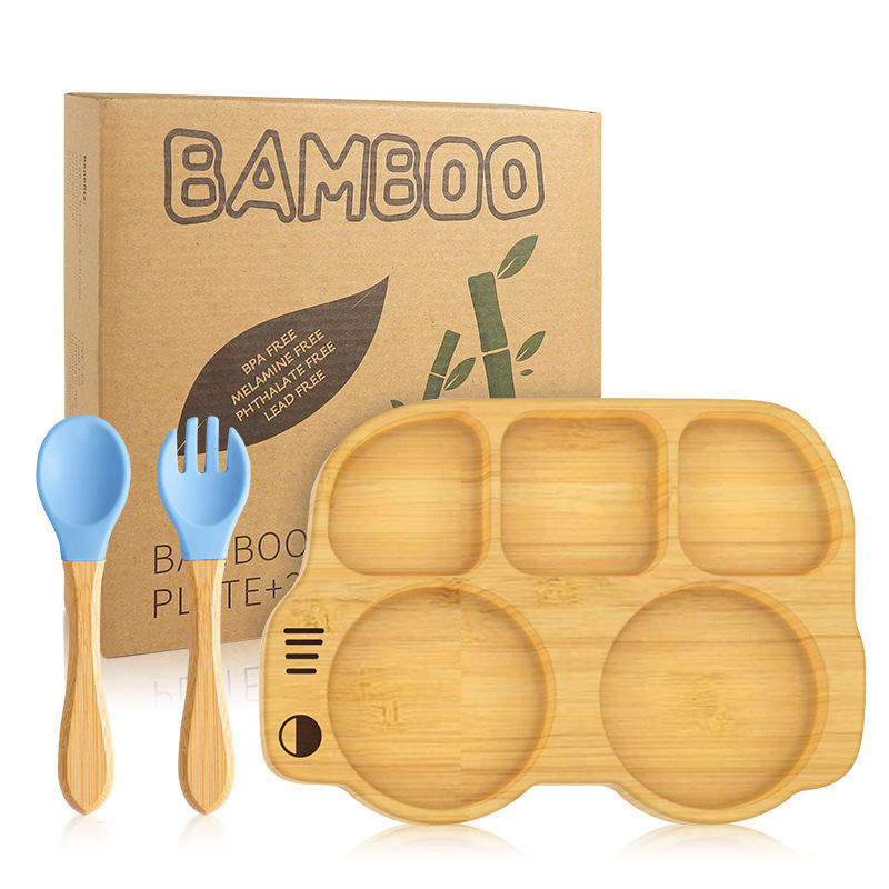 Bamboo Wood Baby Tableware Set Silicone Suction Cup Non-slip Waterproof Fork Spoon Baby Feeding Bowl Bamboo Wood Car Shape Baby