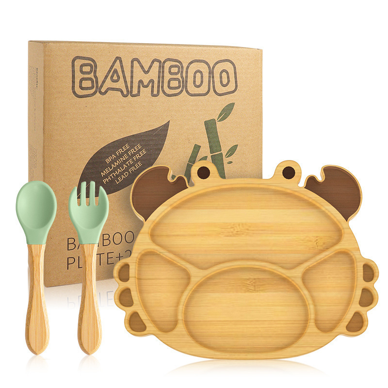 Bamboo Wood Baby Tableware Set Silicone Suction Cup Non-slip Waterproof Fork Spoon Baby Feeding Bowl Bamboo Wood Car Shape Baby