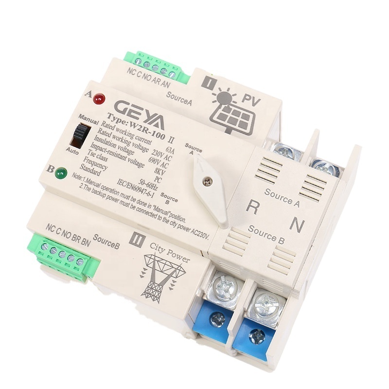 GEYA Photovoltaic Solar Power Dual Power Automatic Transfer Switch Price Din Rail 2P 63A AC220V ATS PV System Power Use Only