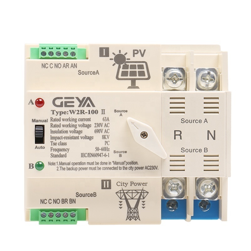 GEYA Photovoltaic Solar Power Dual Power Automatic Transfer Switch Price Din Rail 2P 63A AC220V ATS PV System Power Use Only