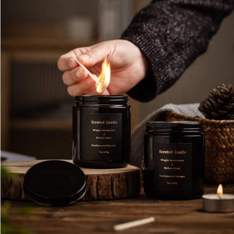 Home Decoration luxury logo private label black glass jar scented candles