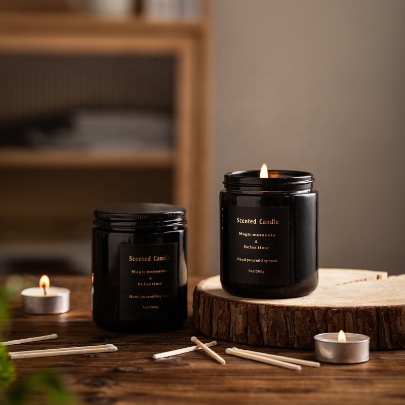 Home Decoration luxury logo private label black glass jar scented candles