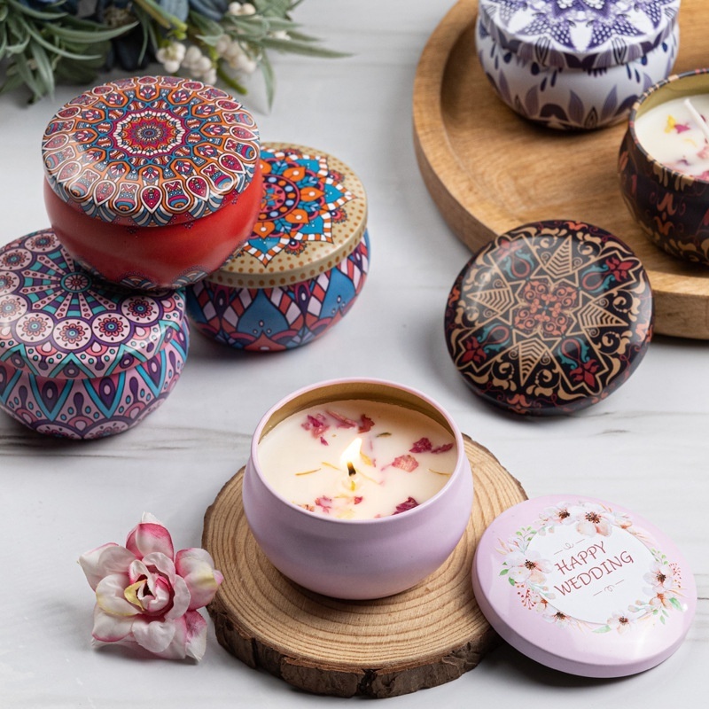 Wholesale high quality 100% soy wax tin candles small metal tin scented candles with dried flowers