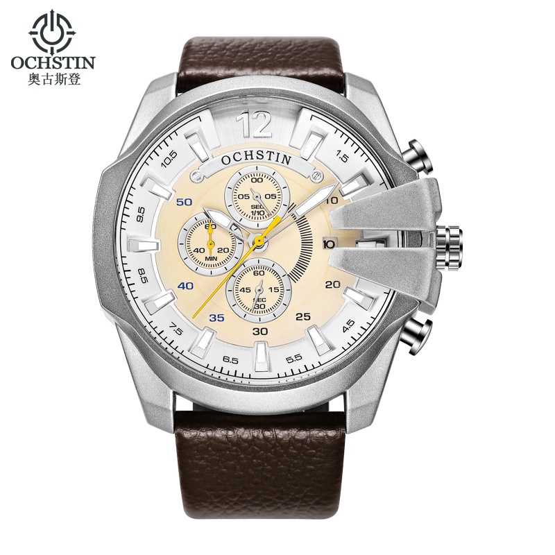 OCHSTIN 062 Men Casual Quartz Big Face Watch Black Leather Strap Auto Date Male black watch for man