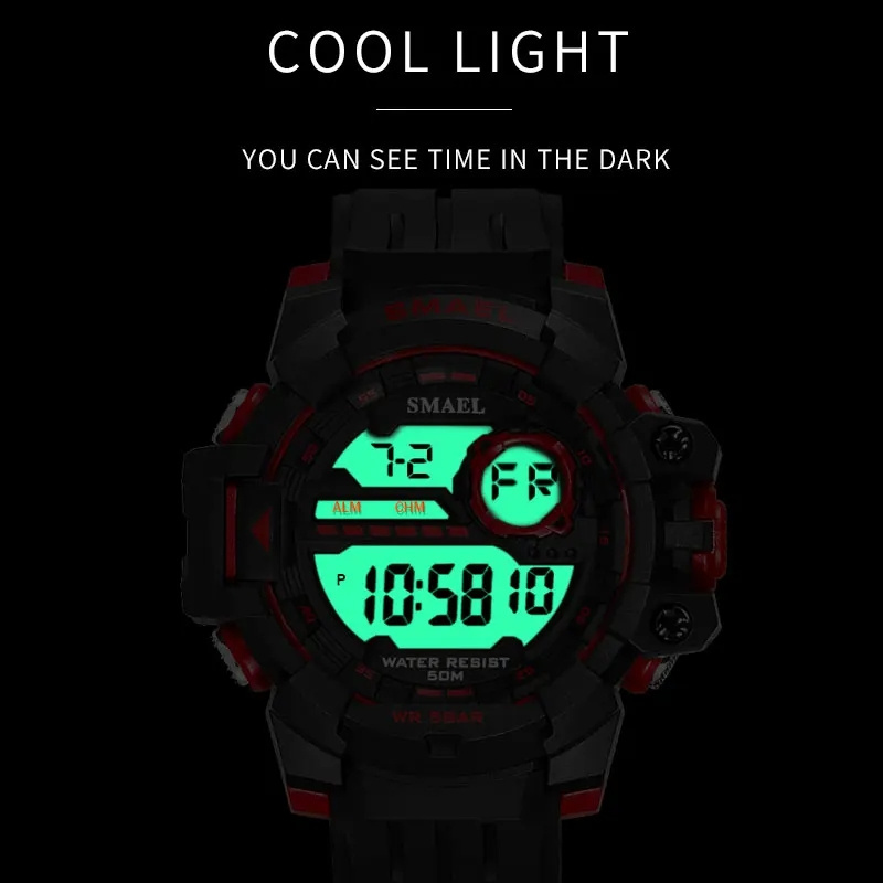 Smael 1712 Top Brand Men 12/24 Hour Clock Sports LED Electronic Wristwatch Adjustable Belt Length 50M Waterproof Digital Watch