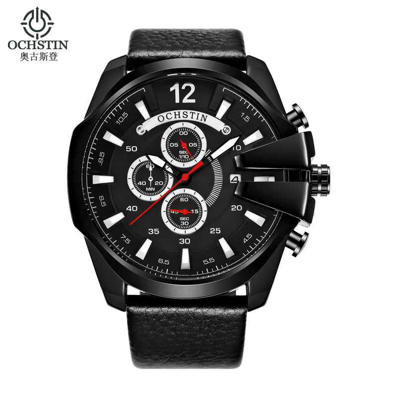 OCHSTIN 062 Men Casual Quartz Big Face Watch Black Leather Strap Auto Date Male black watch for man