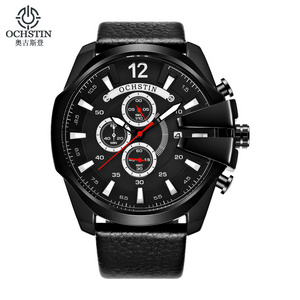 OCHSTIN 062 Men Casual Quartz Big Face Watch Black Leather Strap Auto Date Male black watch for man