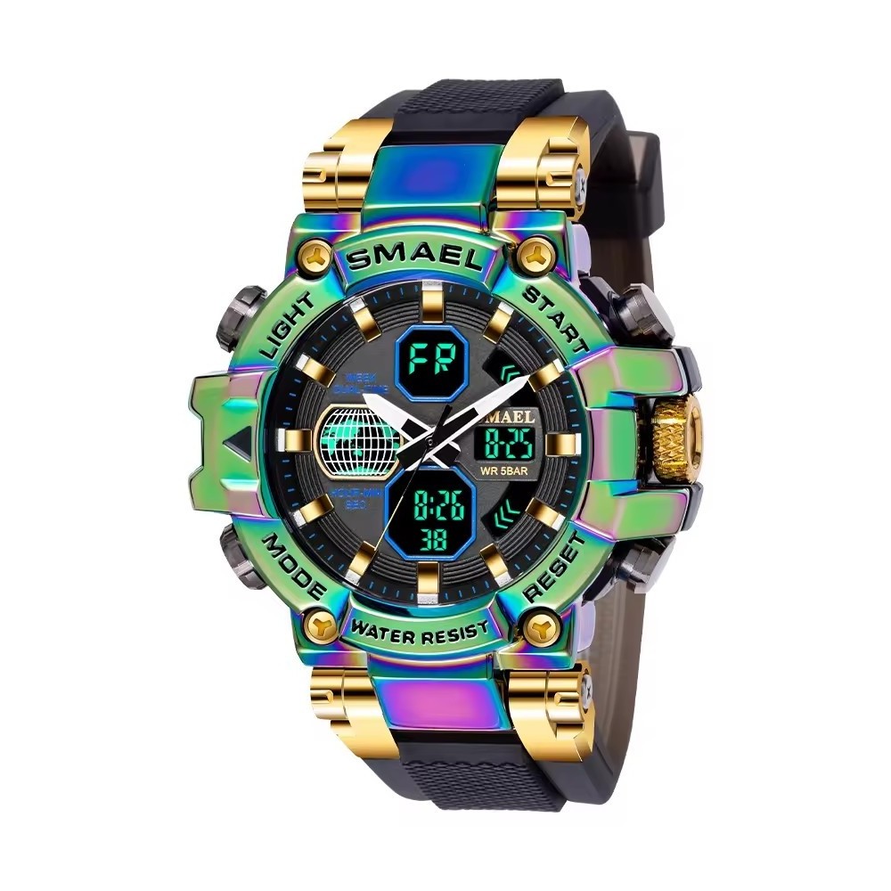 Smael 8027 Men's Run Second Electronic Outdoor Sports Dual Time Zone Colorful Alloy Watch Shockproof Waterproof Cold Light Watch