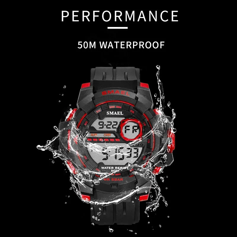 Smael 1712 Top Brand Men 12/24 Hour Clock Sports LED Electronic Wristwatch Adjustable Belt Length 50M Waterproof Digital Watch