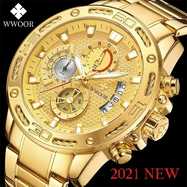 WWOOR 8879 Gold Quartz Watches Men's Luminous Hands Quartz Watch Wristwatch Fashion Casual Stainless Steel Brand Luxury For Men