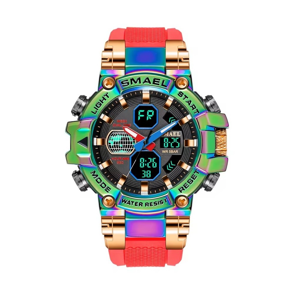 Smael 8027 Men's Run Second Electronic Outdoor Sports Dual Time Zone Colorful Alloy Watch Shockproof Waterproof Cold Light Watch