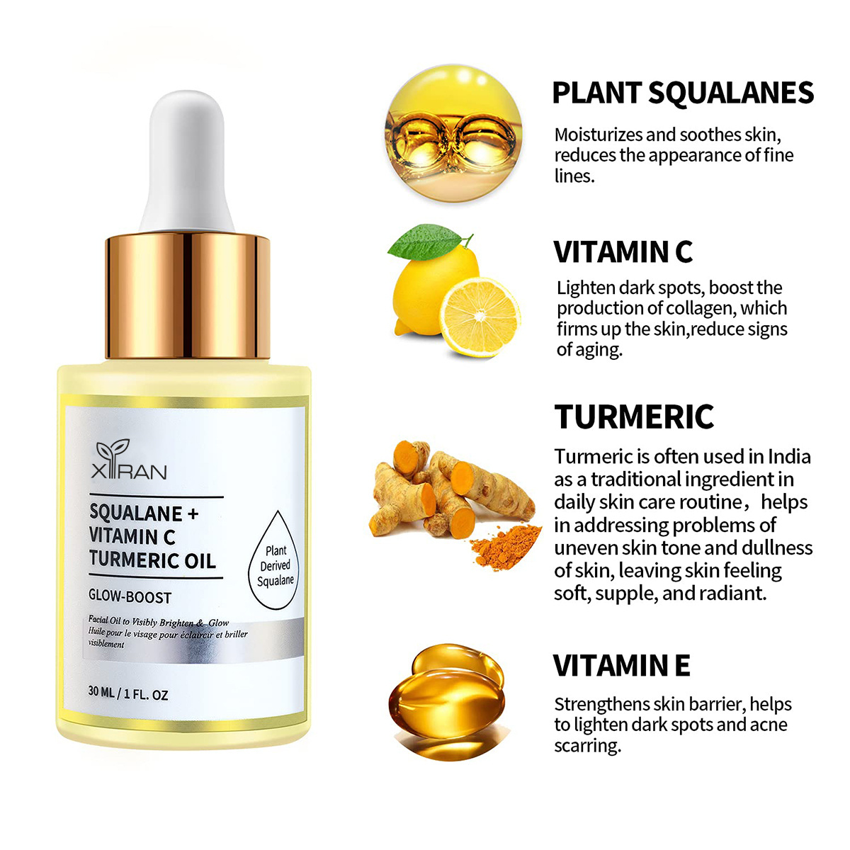 Private Label 100% Squalane Facial Oil Set with Rosehip, Retinol, Turmeric Reduce Scar Anti Wrinkle Moisturizing Face Oil