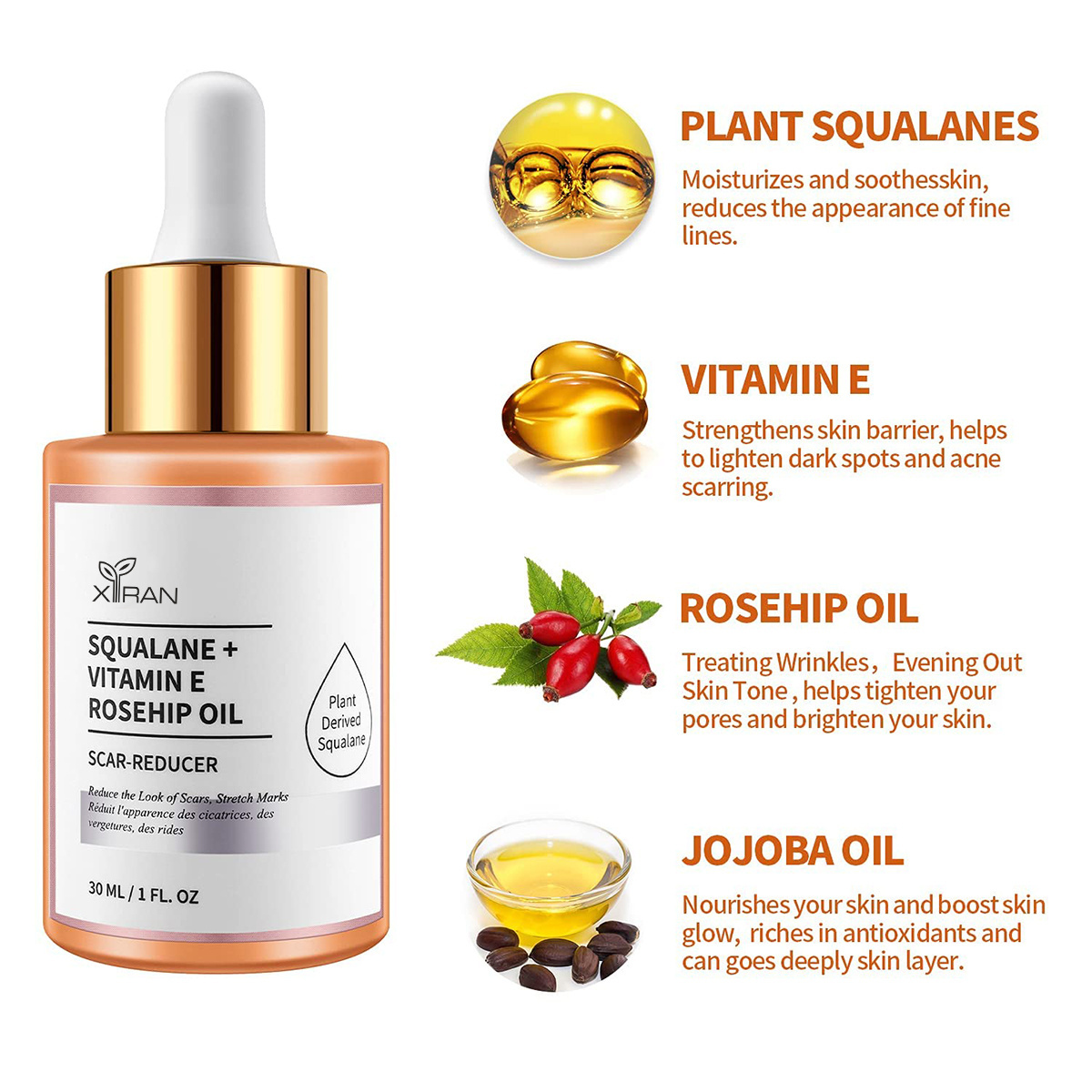 Private Label 100% Squalane Facial Oil Set with Rosehip, Retinol, Turmeric Reduce Scar Anti Wrinkle Moisturizing Face Oil