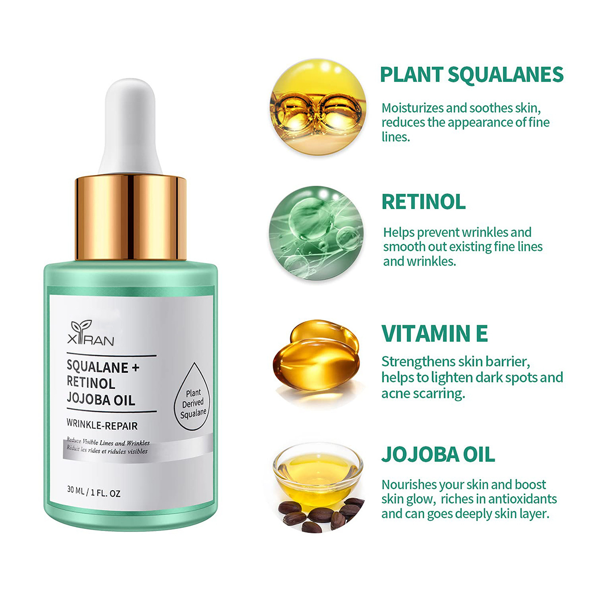 Private Label 100% Squalane Facial Oil Set with Rosehip, Retinol, Turmeric Reduce Scar Anti Wrinkle Moisturizing Face Oil