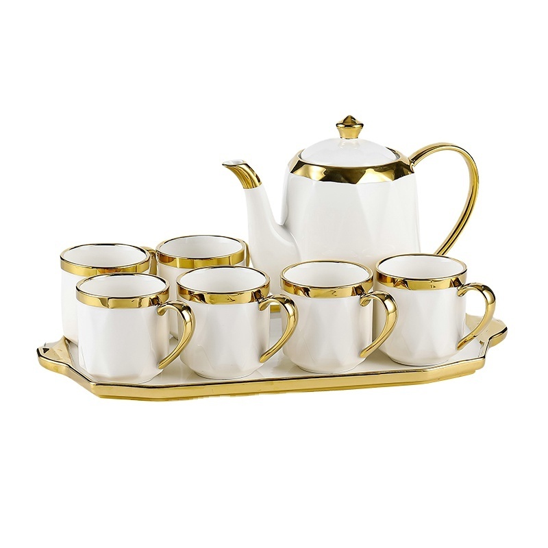 High quality gold lid color porcelain  coffee pot 6pcs ceramic cup and saucer luxury gift sets tea and coffee set